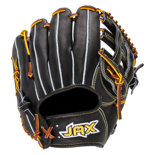 Front view of a black baseball glove with yellow and brown lacing, featuring the "JAX" logo.