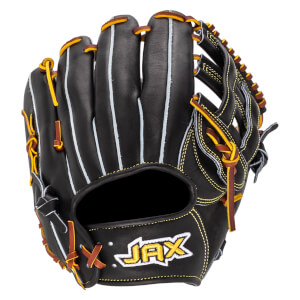 Front view of a black baseball glove with yellow and brown lacing, featuring the "JAX" logo.
