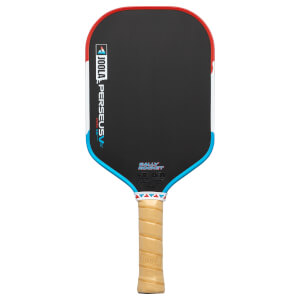 Front view of a black pickleball paddle with red and blue trim, featuring "JOOLA PERSEUS" and "RALLY ROCKET" text.