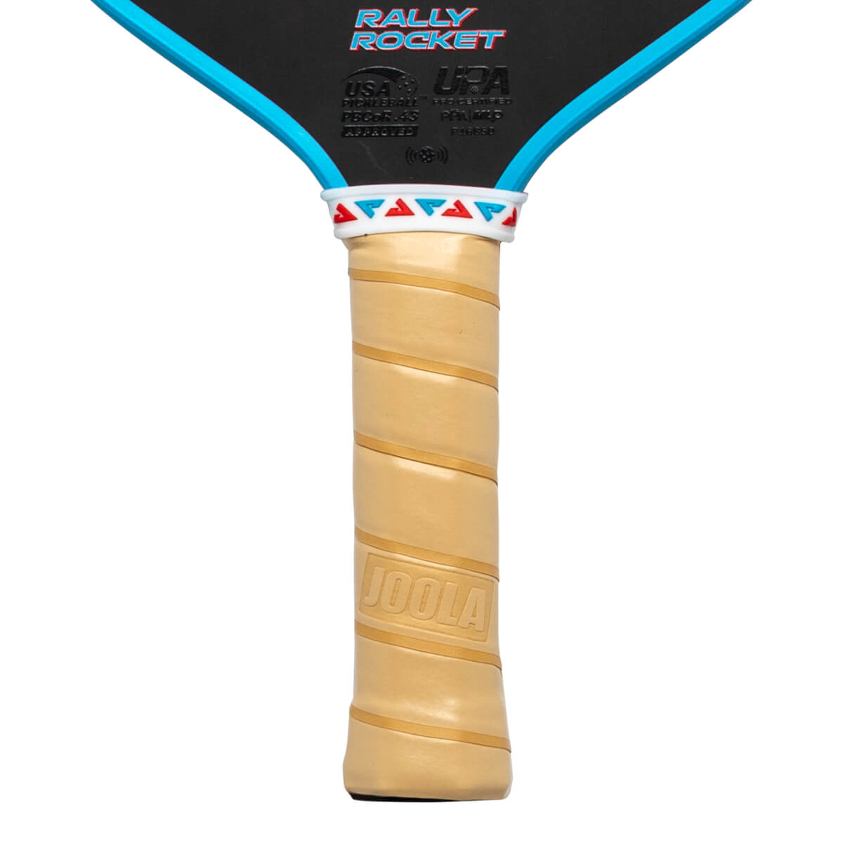 Close-up of the JOOLA Ben Johns Perseus Pro V Rally Rocket paddle grip and top edge, showing the JOOLA logo and "RALLY ROCKET" text.