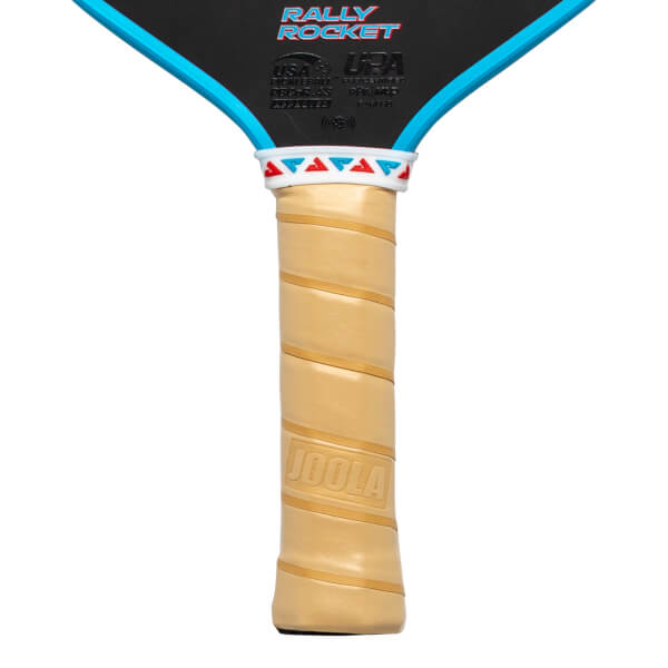 Close-up of the JOOLA Ben Johns Perseus Pro V Rally Rocket paddle grip and top edge, showing the JOOLA logo and "RALLY ROCKET" text.