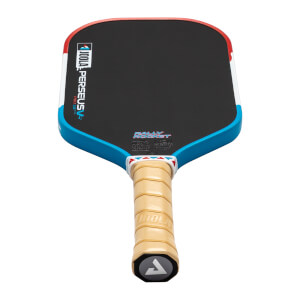 Top-down view of a JOOLA PERSEUS pickleball paddle with a black hitting surface, red and blue trim, and a tan grip.