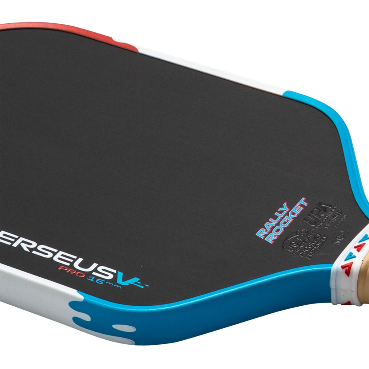 Close-up of a pickleball paddle showing the "RALLY ROCKET" logo, "PERSEUSV PRO 16mm" text, and UPA approval.