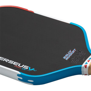 Close-up of a pickleball paddle showing the "RALLY ROCKET" logo, "PERSEUSV PRO 16mm" text, and UPA approval.