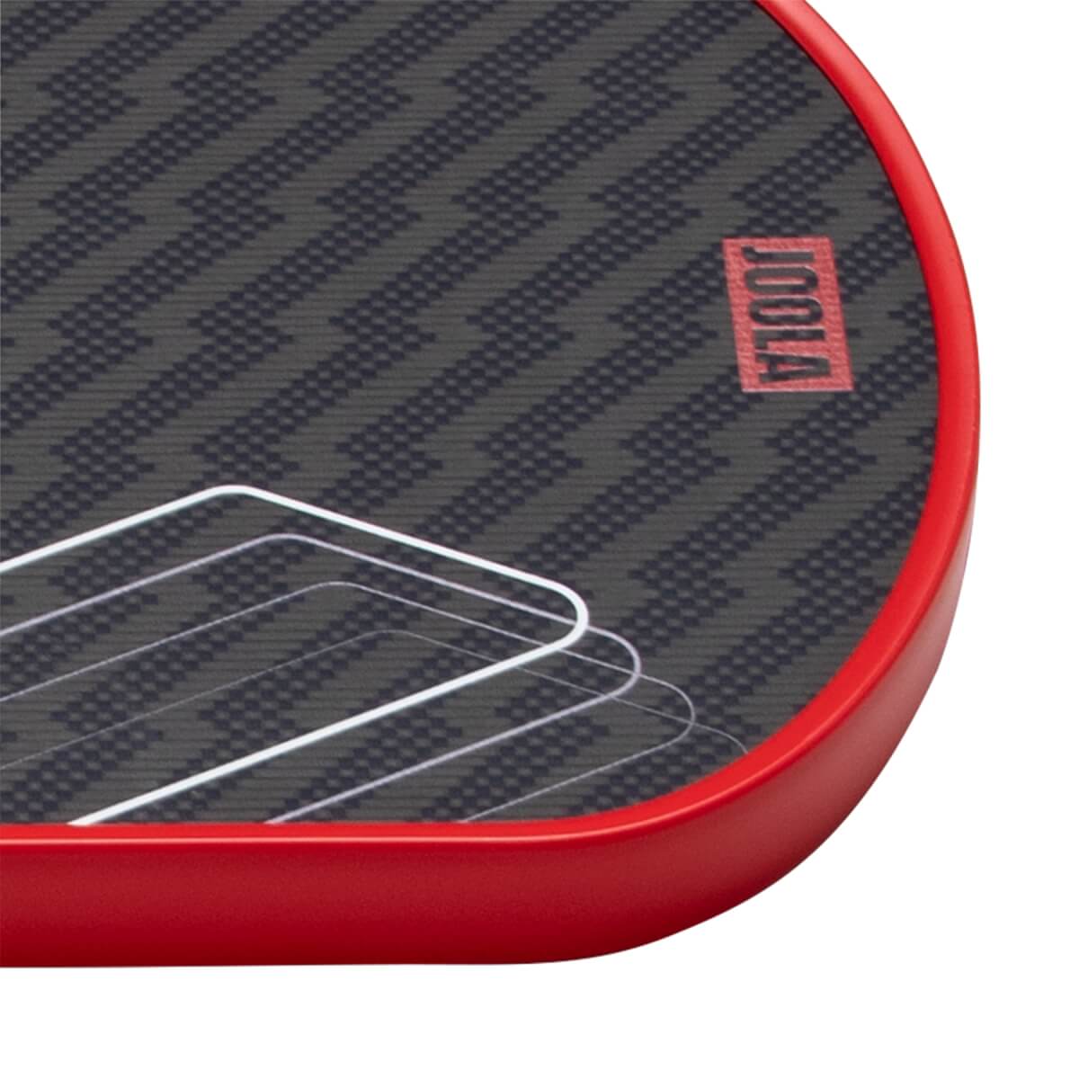 Close-up of a dark gray pickleball paddle with a textured zigzag pattern, red edge, and red JOOLA logo.
