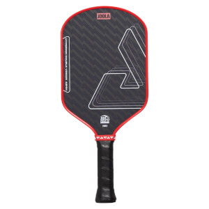 Front view of a black and red JOOLA pickleball paddle with HYPERION DOUBLE VISION text and white geometric lines.