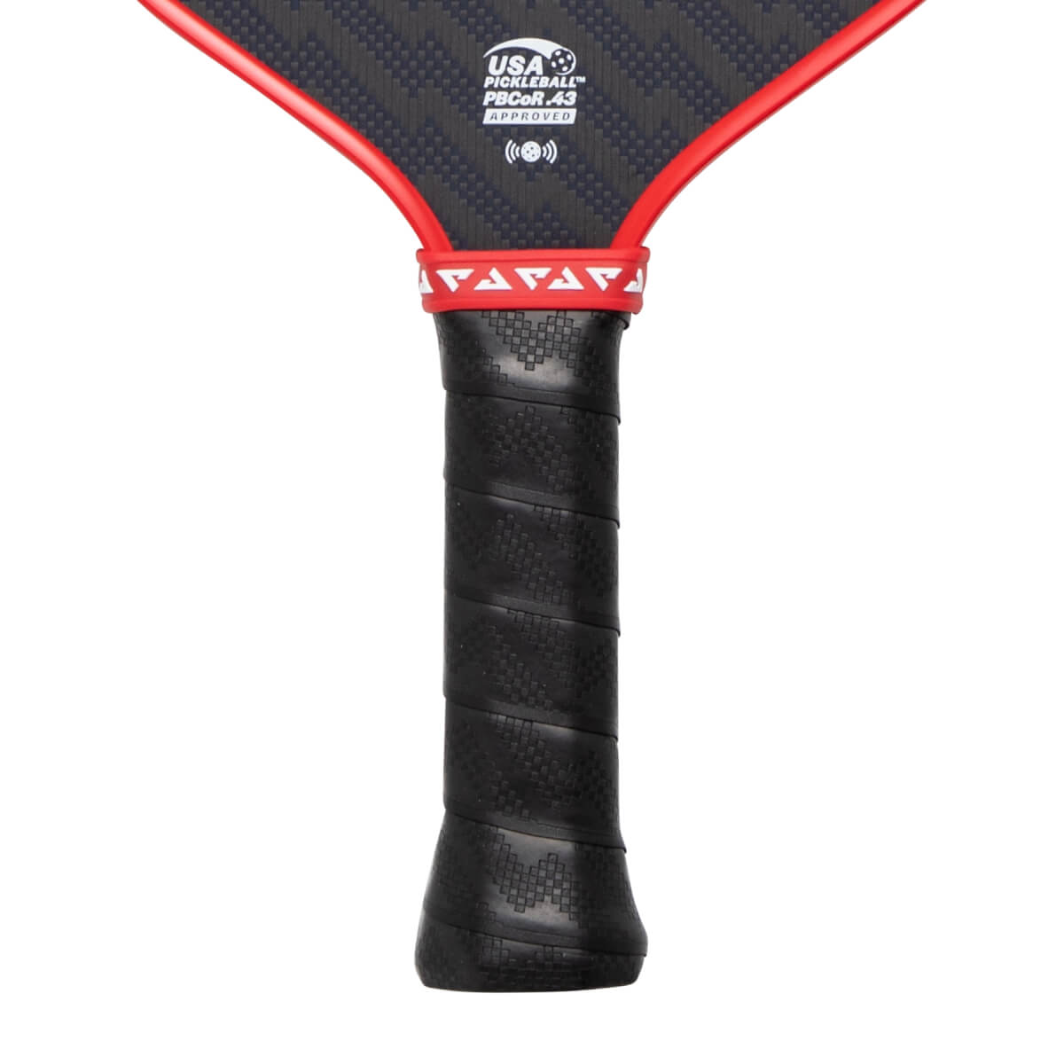 Close-up of a black pickleball paddle handle with a textured grip, red throat trim, and USA Pickleball approval logo.