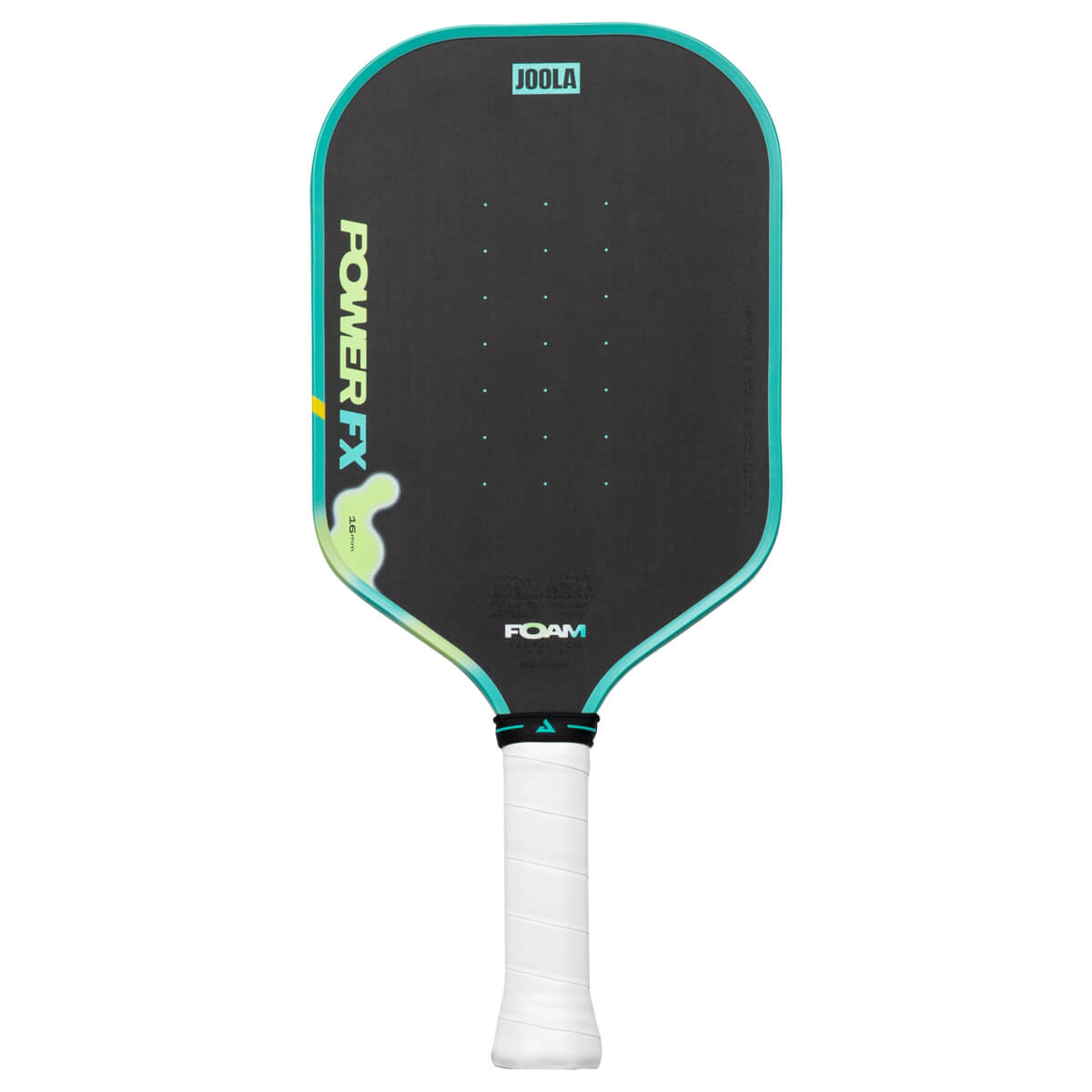 Front view of a pickleball paddle with "JOOLA", "POWER FX", and "FOAM" visible, featuring a teal border and white grip.