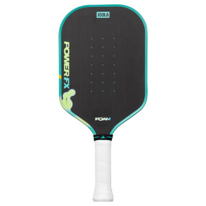 Front view of a pickleball paddle with "JOOLA", "POWER FX", and "FOAM" visible, featuring a teal border and white grip.