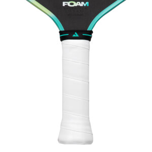 Close-up of a pickleball paddle grip showing the white grip tape and the "FOAM" logo.