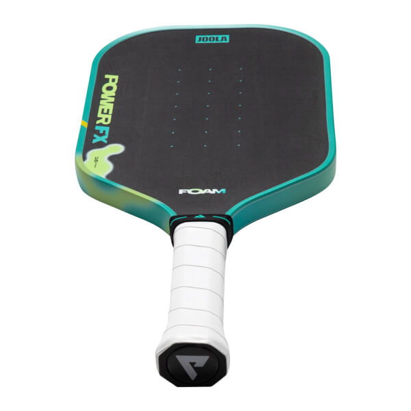 Top-down view of a pickleball paddle with "POWER FX" and "JOOLA" branding, a white grip, and a teal edge.