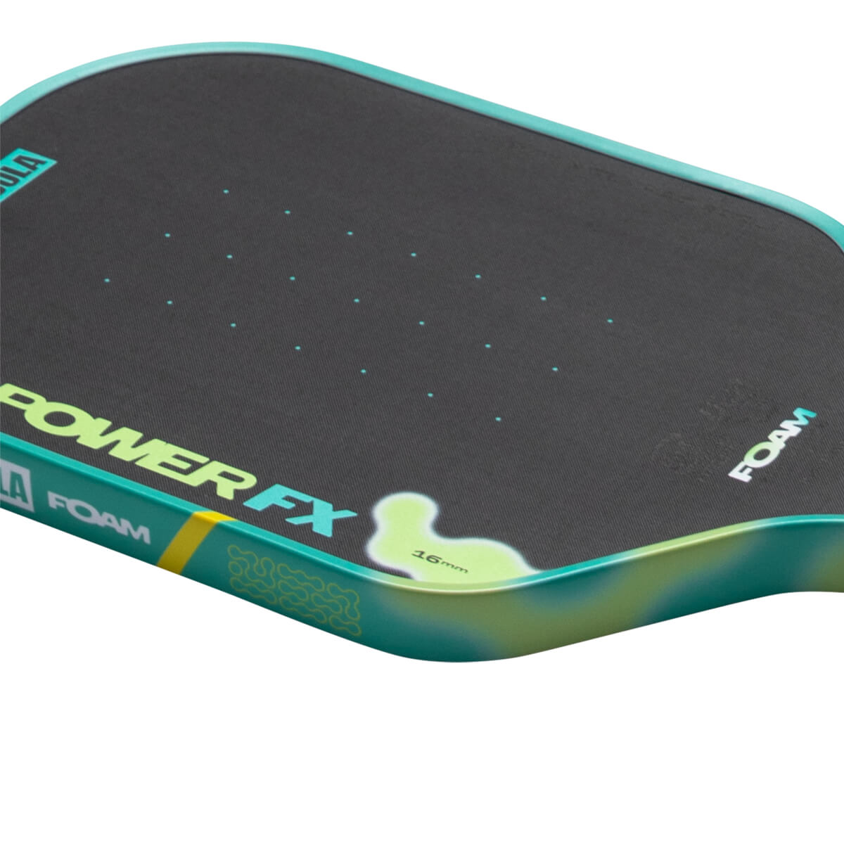 Close-up of a paddleboard edge showing "POWER FX" and "FOAM" text, with a 16mm thickness indicator.