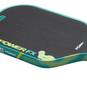 Close-up of a paddleboard edge showing "POWER FX" and "FOAM" text, with a 16mm thickness indicator.