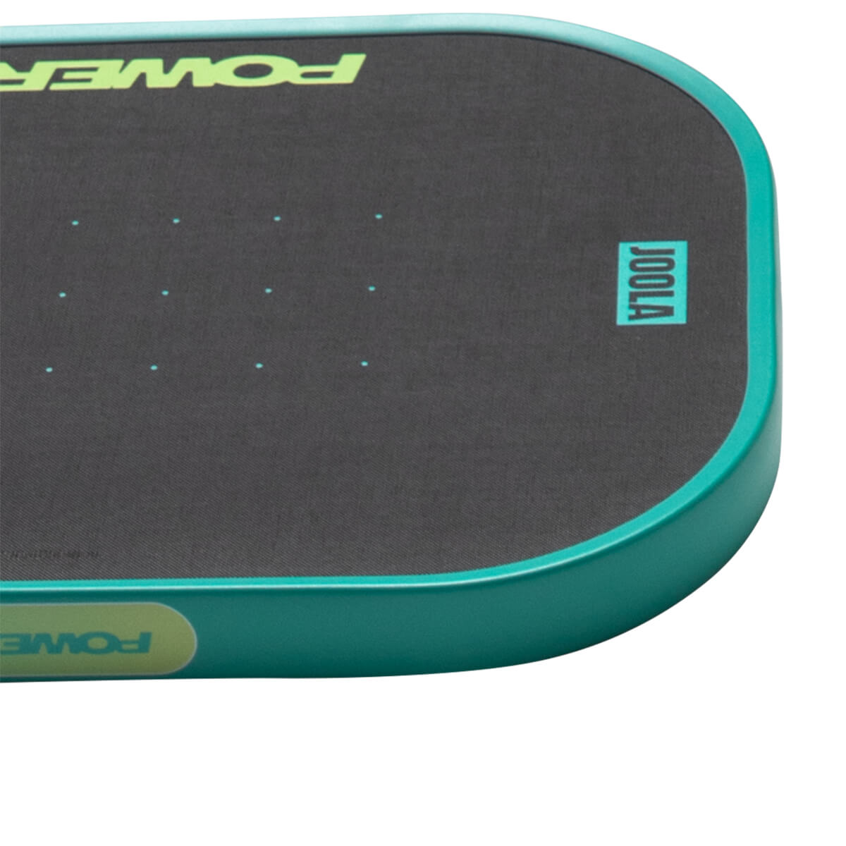 Corner view of a dark grey paddle with a teal edge, featuring a lime green "POWER" logo and a "JOOLA" logo.