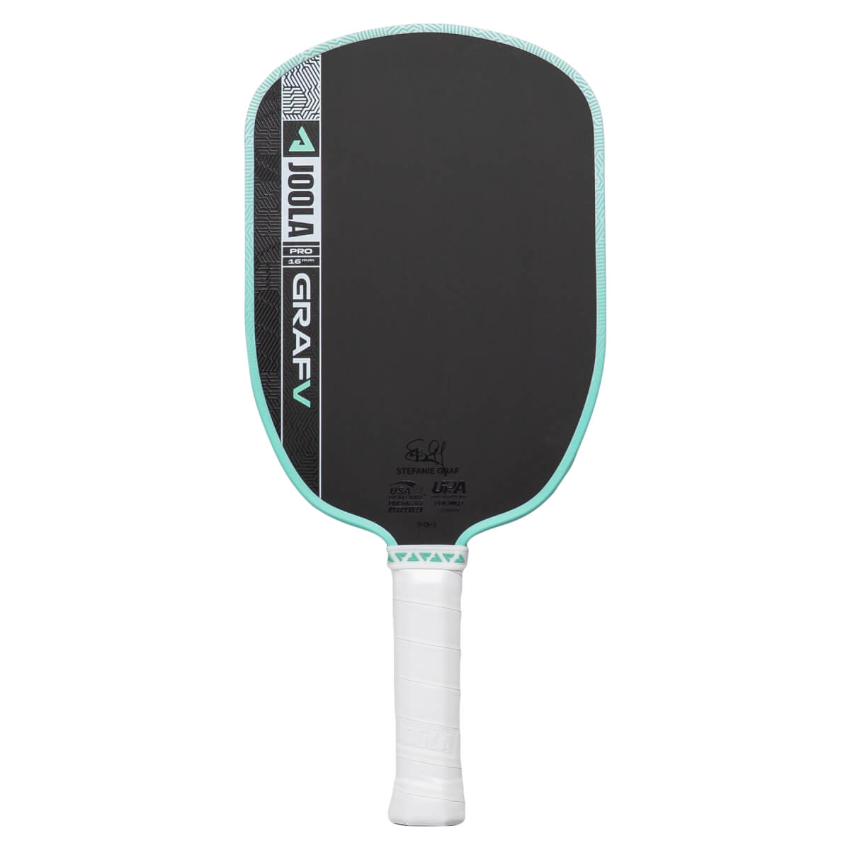 Front view of a black pickleball paddle with JOOLA GRAFV text, a light blue edge guard, and a white grip.