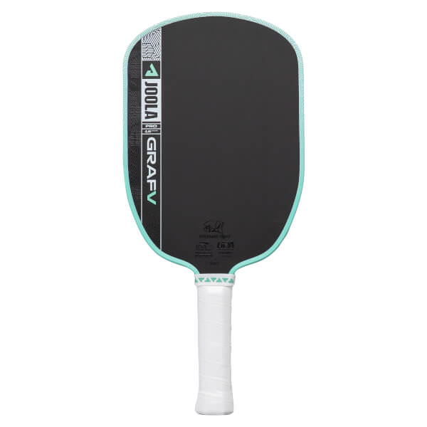 Front view of a black pickleball paddle with JOOLA GRAFV text, a light blue edge guard, and a white grip.