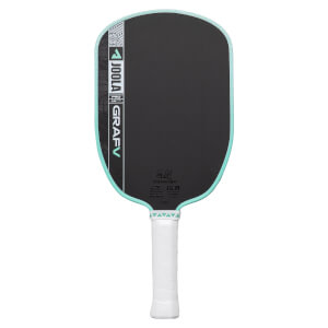 Front view of a black pickleball paddle with JOOLA GRAFV text, a light blue edge guard, and a white grip.