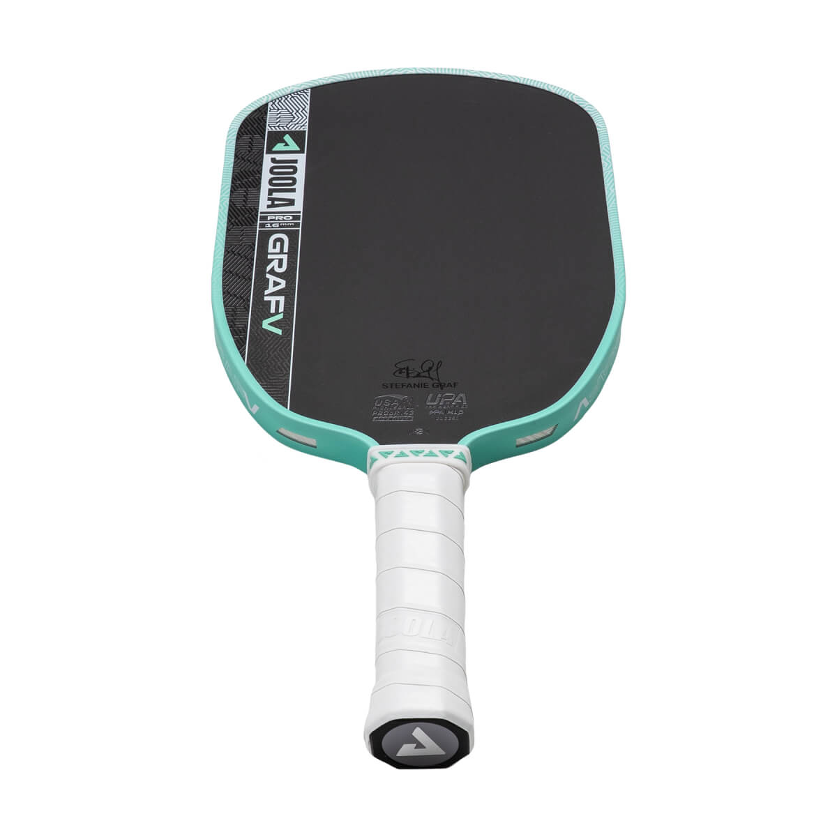 Front view of a black pickleball paddle with a teal edge guard, white grip, and JOOLA GRAFV text.