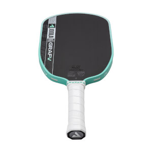 Front view of a black pickleball paddle with a teal edge guard, white grip, and JOOLA GRAFV text.
