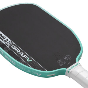 Angled view of a black pickleball paddle with JOOLA PRO GRAFV text, a textured face, and a mint green edge.