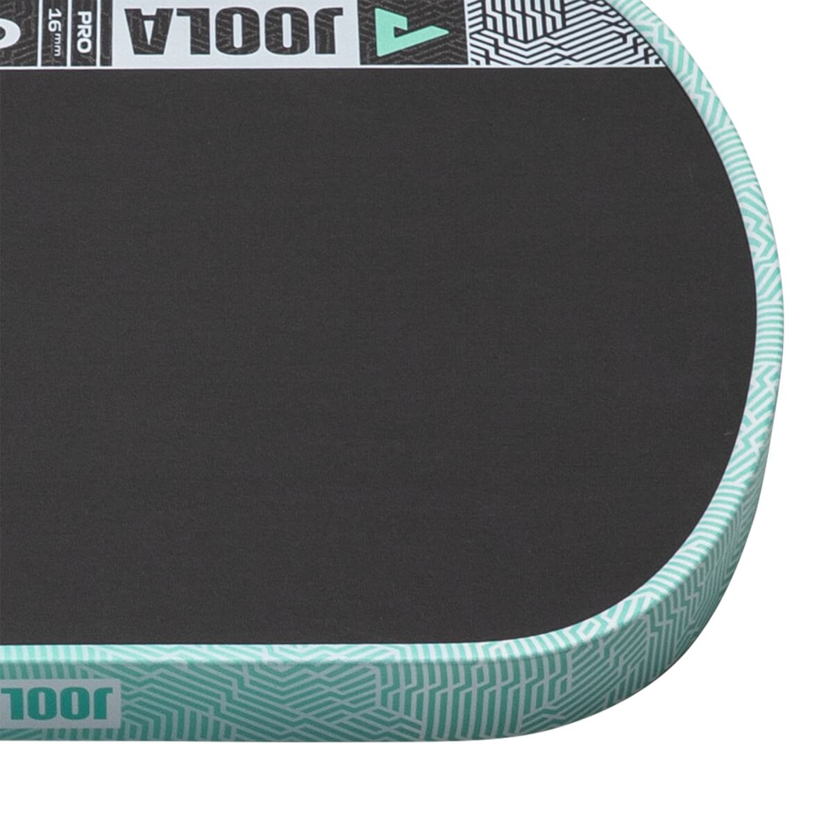 Close-up of a dark gray pickleball paddle with a light blue geometric patterned edge guard and inverted JOOLA PRO 16mm branding.