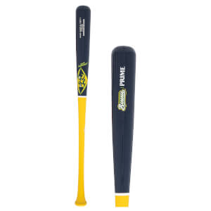 Front view of a navy and yellow baseball bat with "PRIME" and "Savannah Bananas" text.
