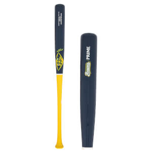 Side view of a navy and yellow baseball bat with "Savannah Bananas PRIME" text.