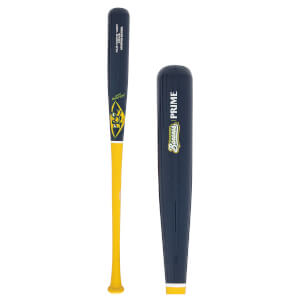Side view of a navy and yellow baseball bat with "Savannah Bananas PRIME" text.
