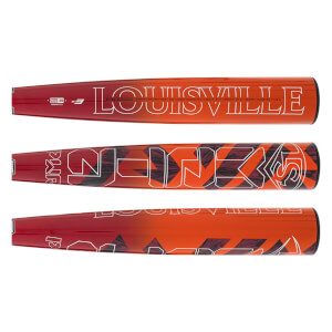 Barrel detail view of a red and orange gradient baseball bat with LOUISVILLE and PWR branding, and abstract patterns.