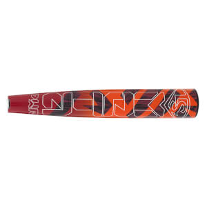 Side view of a red and orange baseball bat with bold black and white META PWR graphics and a geometric pattern.