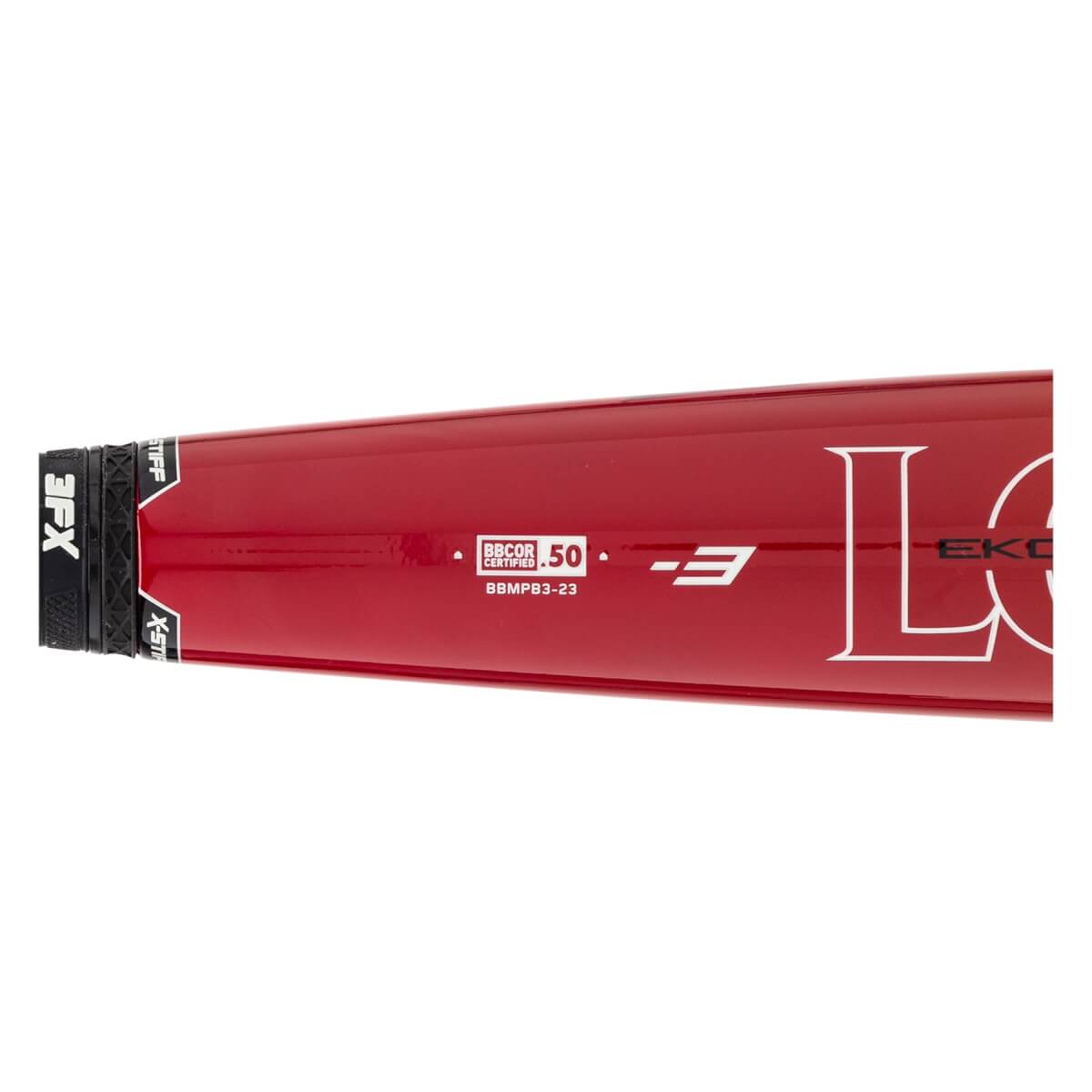 Close-up side view of a red baseball bat with a black XFX grip, BBCOR .50 certification, and white L branding.