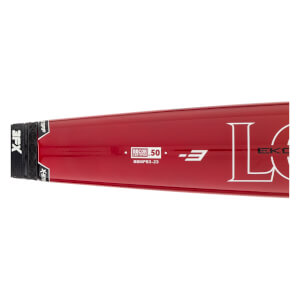 Close-up side view of a red baseball bat with a black XFX grip, BBCOR .50 certification, and white L branding.