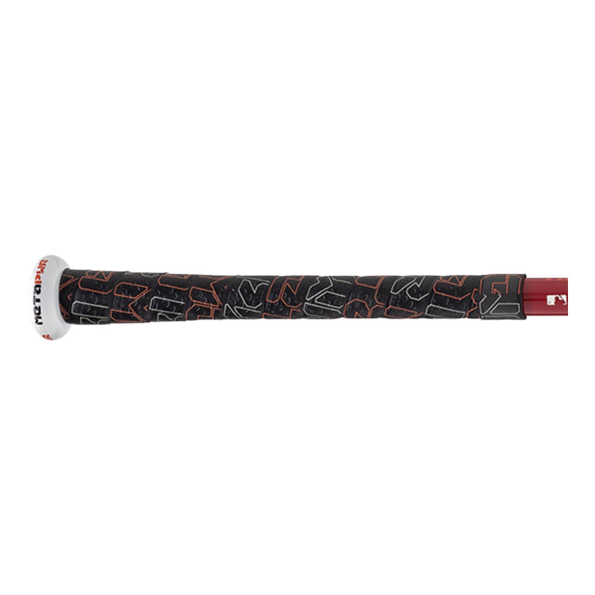 Side view of a black baseball bat grip with orange/white patterns, a white METAPWR end cap, and red barrel.