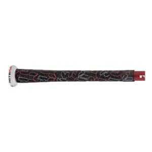 Side view of a black baseball bat grip with orange/white patterns, a white METAPWR end cap, and red barrel.