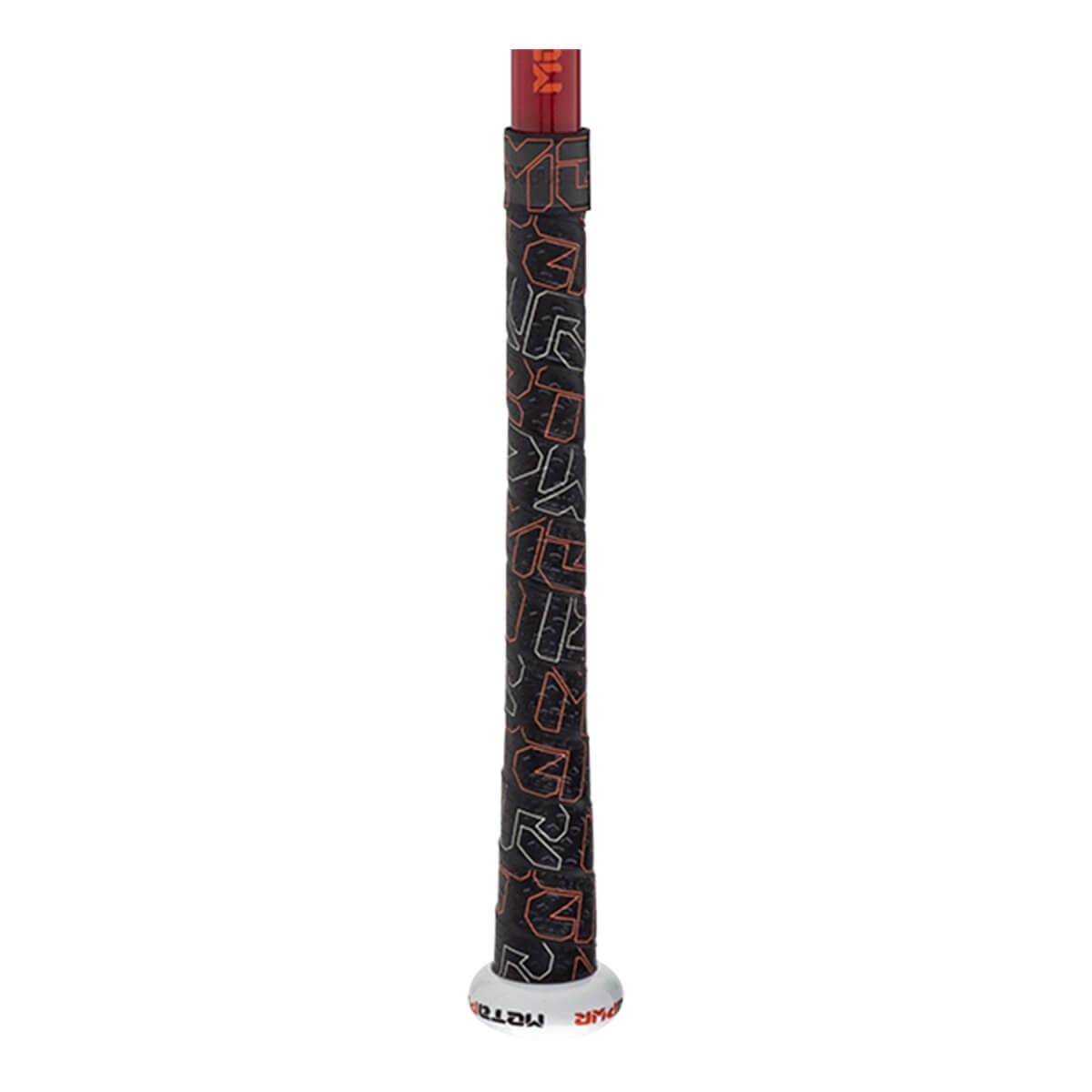 Close-up of a black baseball bat grip with orange and white patterns, a red handle, and a white knob with PWR META in red.