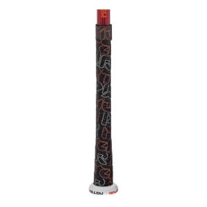 Close-up of a black baseball bat grip with orange and white patterns, a red handle, and a white knob with PWR META in red.