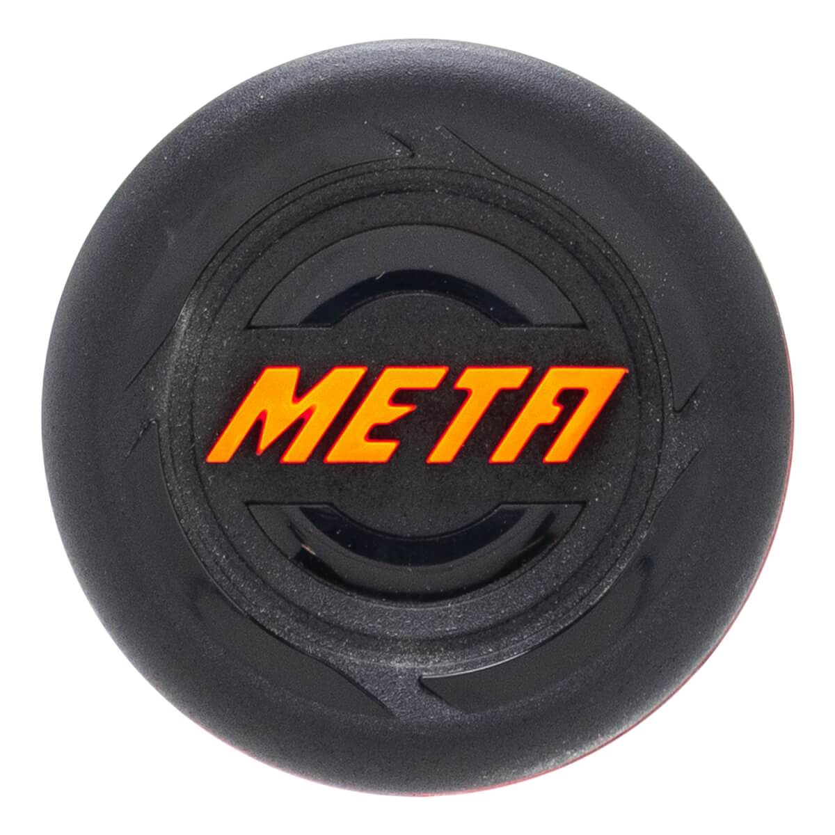 Top-down view of a black baseball bat end cap with orange META text and concentric circular patterns.