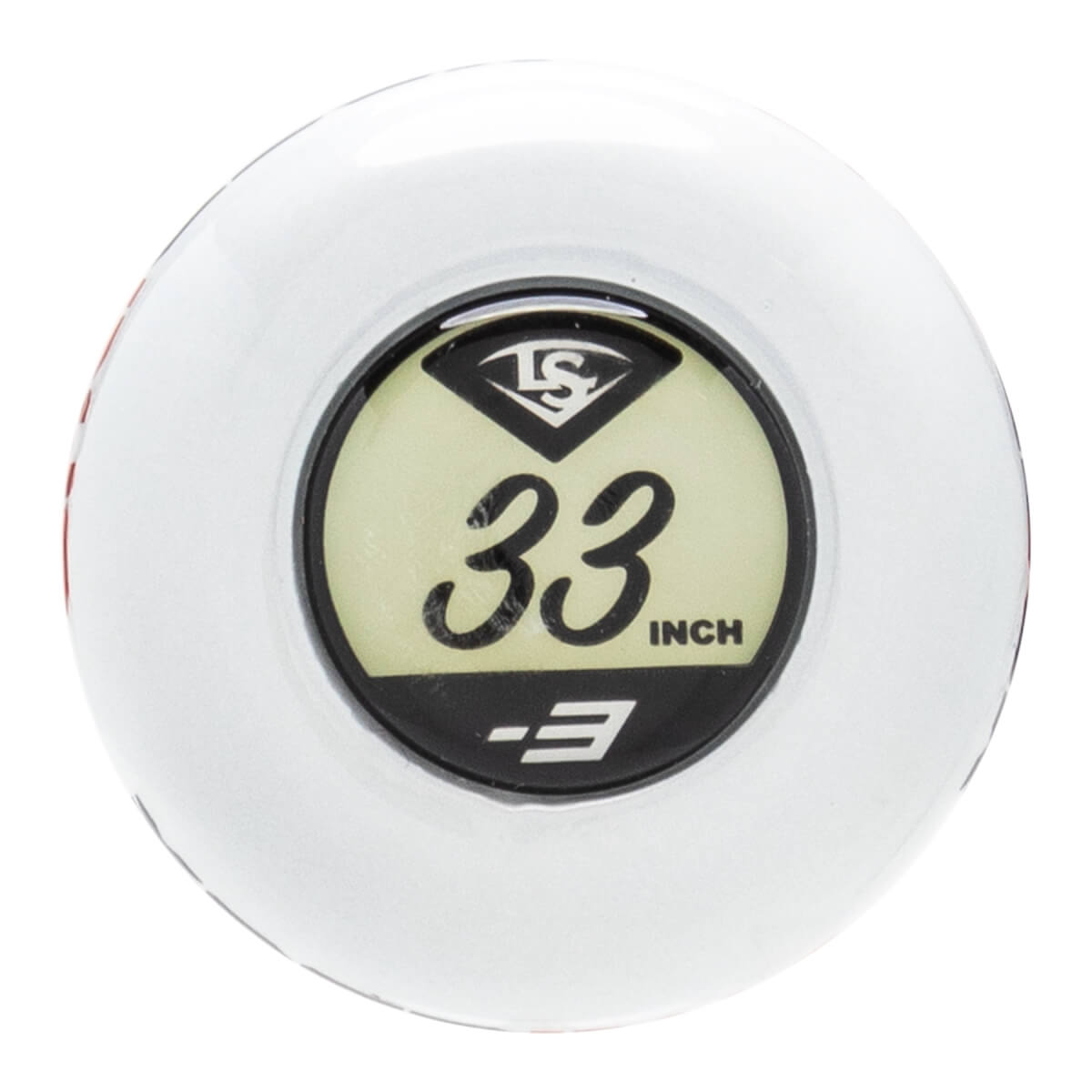 Top-down view of a white baseball bat end cap with a black and light yellow insert showing LS logo, 33 INCH, and -3.