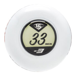 Top-down view of a white baseball bat end cap with a black and light yellow insert showing LS logo, 33 INCH, and -3.