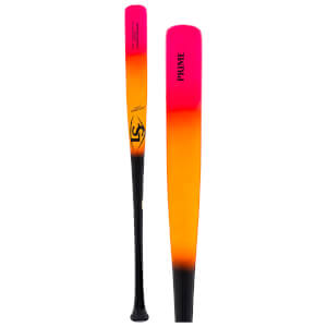 Side view of two Louisville Slugger bats, one with "PRIME" and a pink-to-orange gradient, the other with "LS" and a pink-to-orange-to-black gradient.