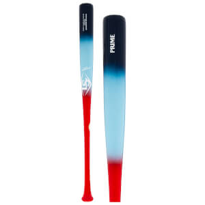 Side view of two Louisville Slugger baseball bats with red, blue, and white gradient colorways, one showing "PRIME".
