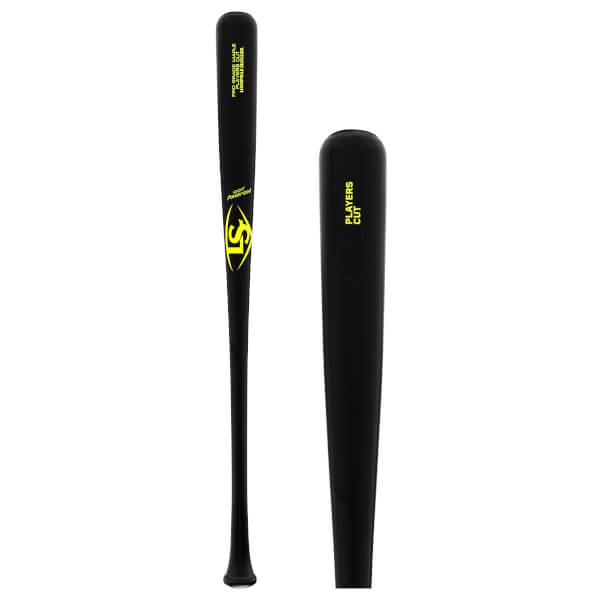 Full view and close-up of a black baseball bat with yellow LS logo and PLAYERS CUT text on the barrel.