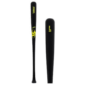 Full view and close-up of a black baseball bat with yellow LS logo and PLAYERS CUT text on the barrel.