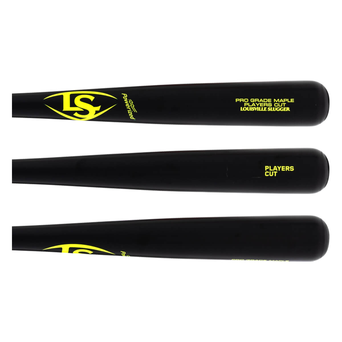 Multi-view of a black baseball bat with a yellow LS logo, Louisville Slugger branding, and Players Cut text.