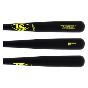 Multi-view of a black baseball bat with a yellow LS logo, Louisville Slugger branding, and Players Cut text.
