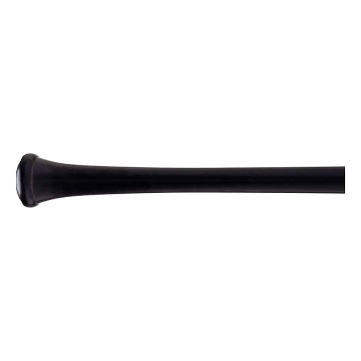Side close-up of a black baseball bat with a flared knob and tapered handle.