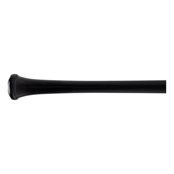 Side close-up of a black baseball bat with a flared knob and tapered handle.