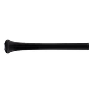 Side close-up of a black baseball bat with a flared knob and tapered handle.