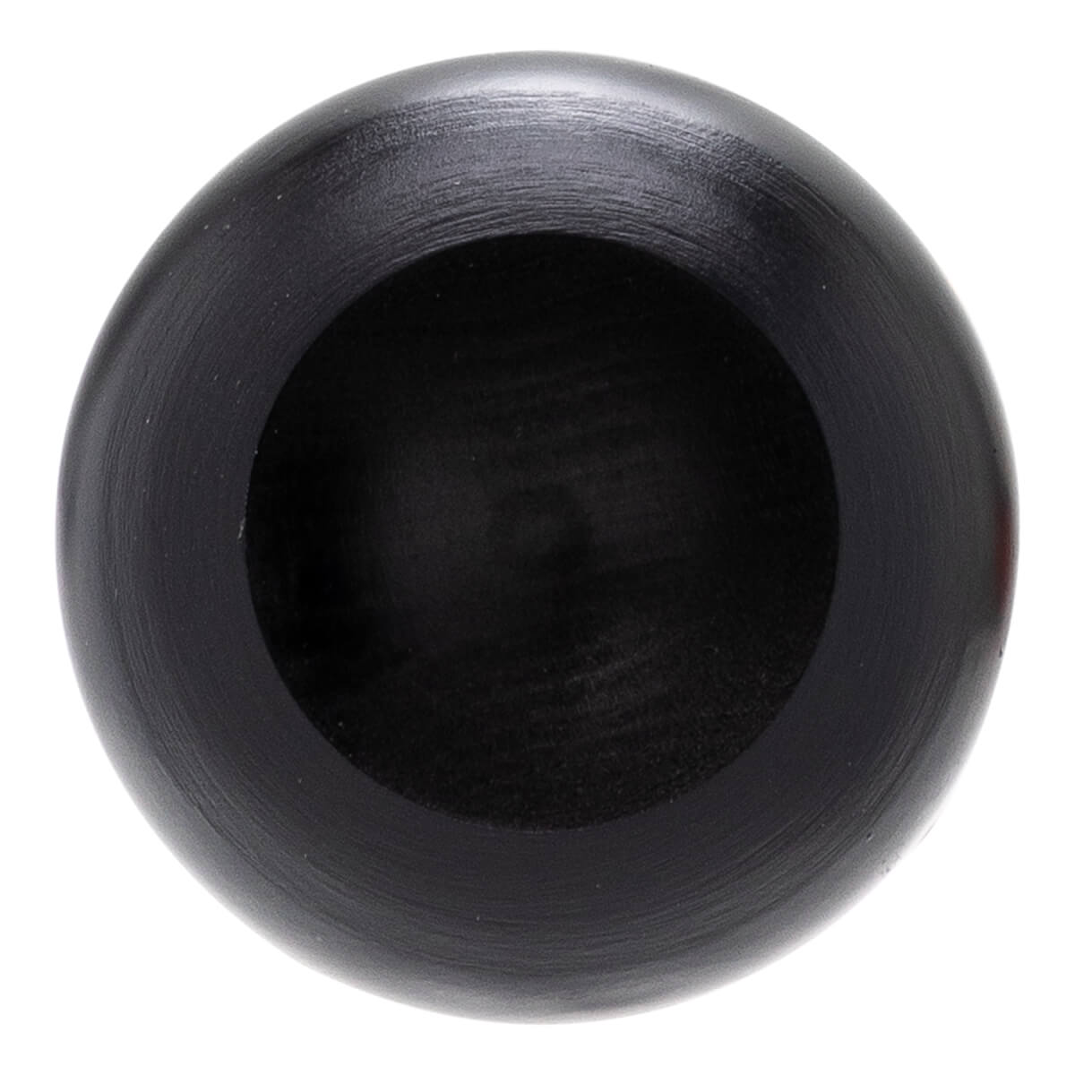 Top-down view of a black baseball bat with a cupped end and a smooth, dark finish.