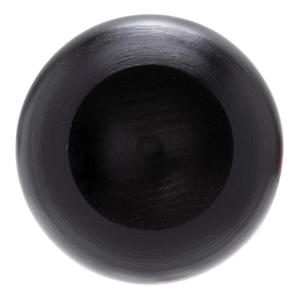 Top-down view of a black baseball bat with a cupped end and a smooth, dark finish.